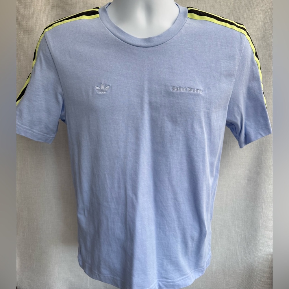 Adidas Wales Bonner Light Blue Short Sleeve Tee with Yellow-Striped Shoulders